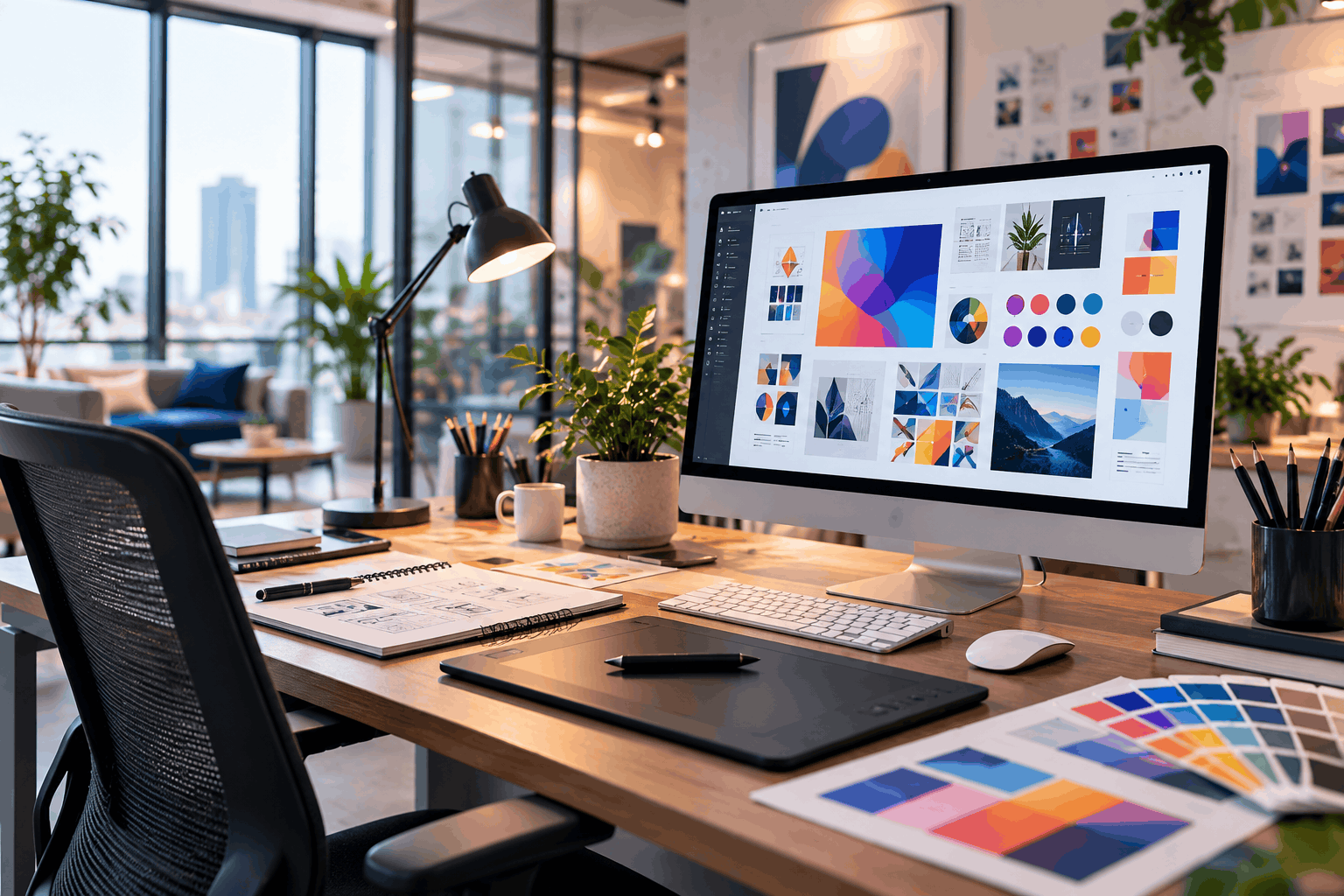Professional graphic design workspace with branding colors